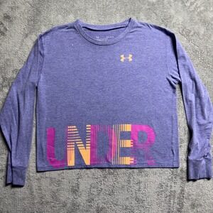 UNDER ARMOUR Girl's YlgLong Sleeve Charged Cotton Purple Crop Spell Out Logo Top